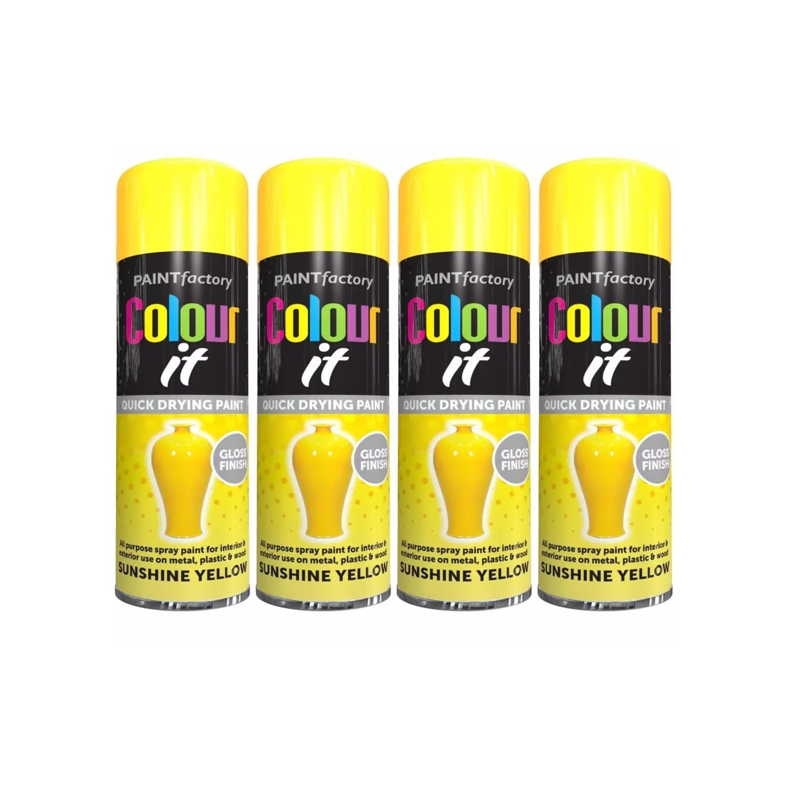 PNJB All Purpose Yellow Spray Paint, Aerosol Spray, Quick Drying, Excellent Coverage for Car, Van, Wheel, Metal, Ideal For Rust-Free Metal Surfaces, Excellent Coverage 250ml, (4PCS)