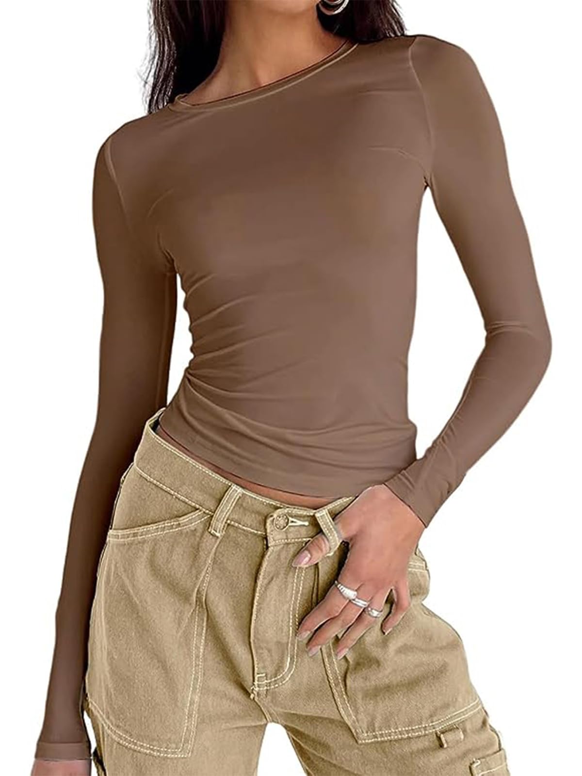 OYIGELZ Langarmshirt Damen Klassischer Basic T-Shirt Crop Tops Y2K Slim Fit Oberteile Sweatshirt Casual Rundhals Tee Shirt