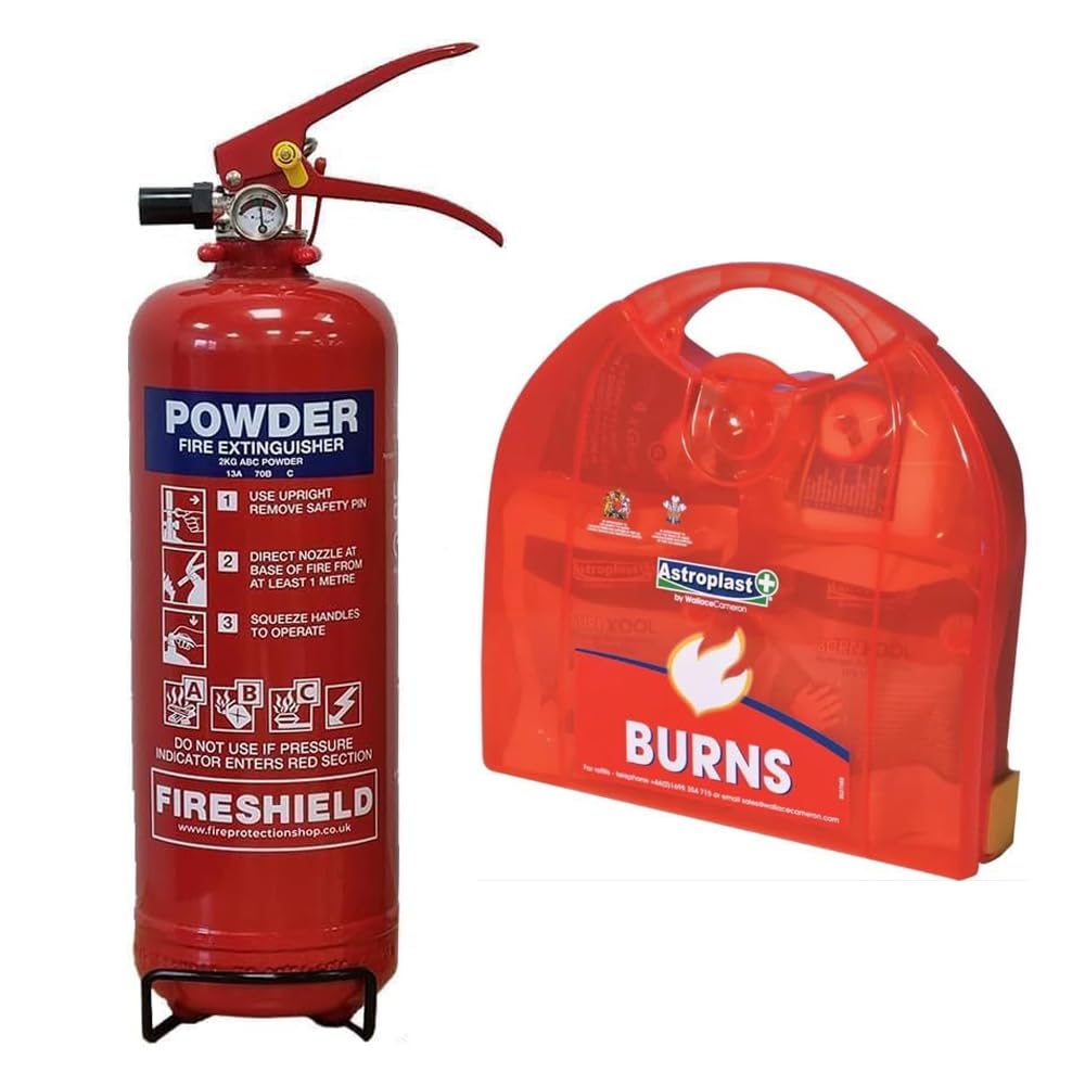 Kitchen Fire Extinguisher - 2kg Powder Fire Extinguisher Bundle (Fire Extinguisher, Burns Kit, Fire Blanket) - FireShield (Extinguisher + Burns Kit)