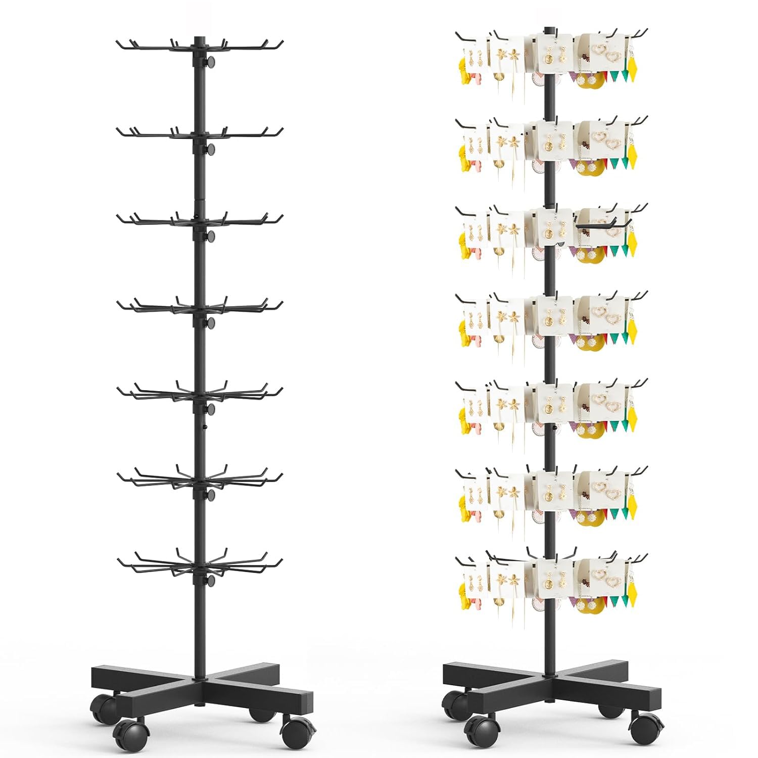 Drehbarer Verkaufsständer 7-stufig Höhenverstellbar Abstand,70 Haken 360° Rotierend mit Lenkrollen und Bremse,Displayständer Ø40cm H150cm für Schmuck,Schals,Socken,Ausstellungen und Zuhause (Schwarz)