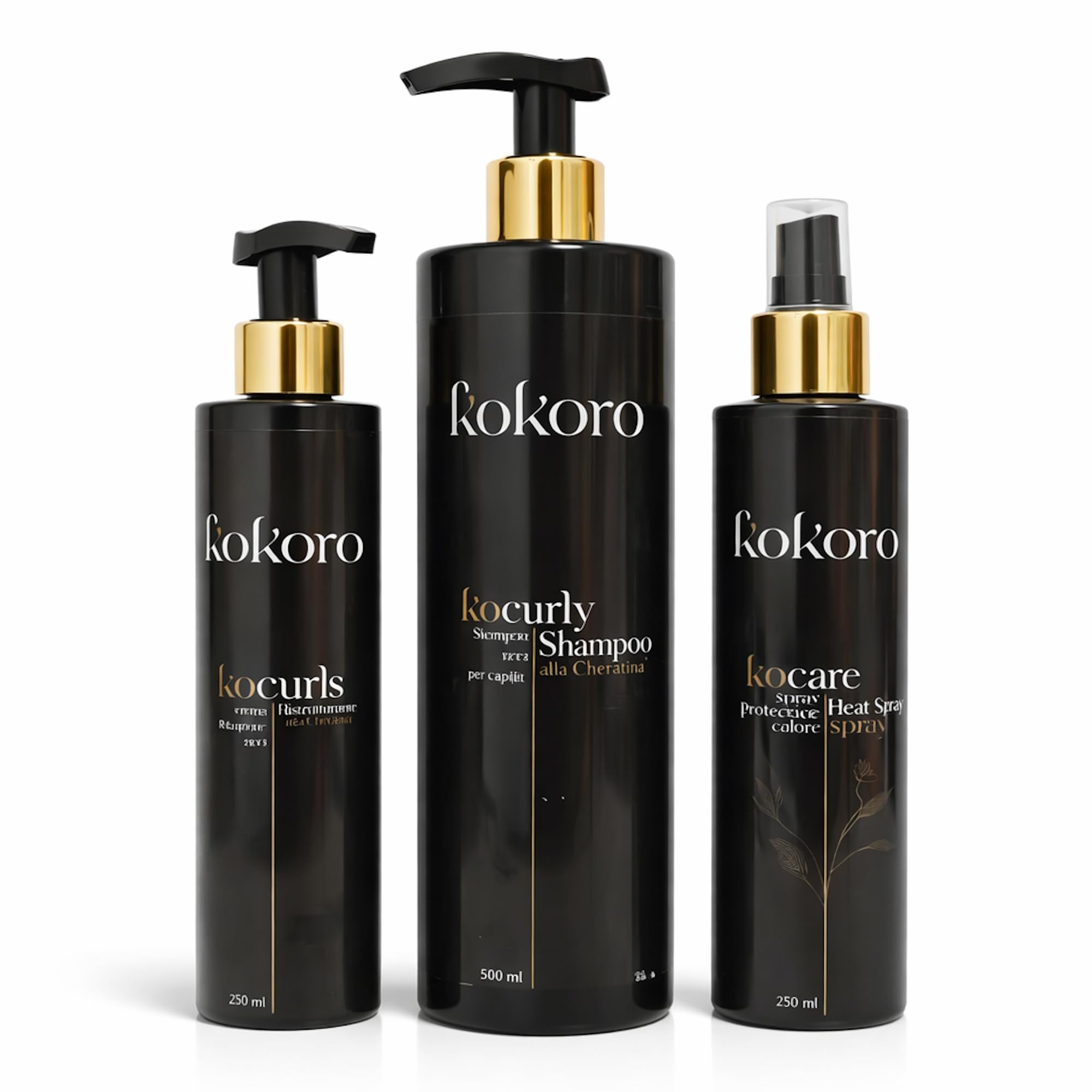 KOKORO Kit Ricci Protetti – Shampoo Anticrespo 500ml + Trattamento Cheratina 250 ml + Termoprotettore 250 ml – Routine Completa Capelli Ricci, Anti Crespo, Protezione Calore, Definizione Professionale