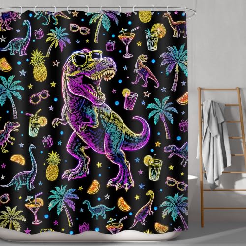 Image of Neon Dinosaur Shower Curtain Bathroom Set 60Wx71H Inches Cool Kids Boys Cartoon Summer Hawaii Funny Dino Colorful Plam Tree Bath Accessories Interesting Art Home Decor Fabric 12 Pack Hooks