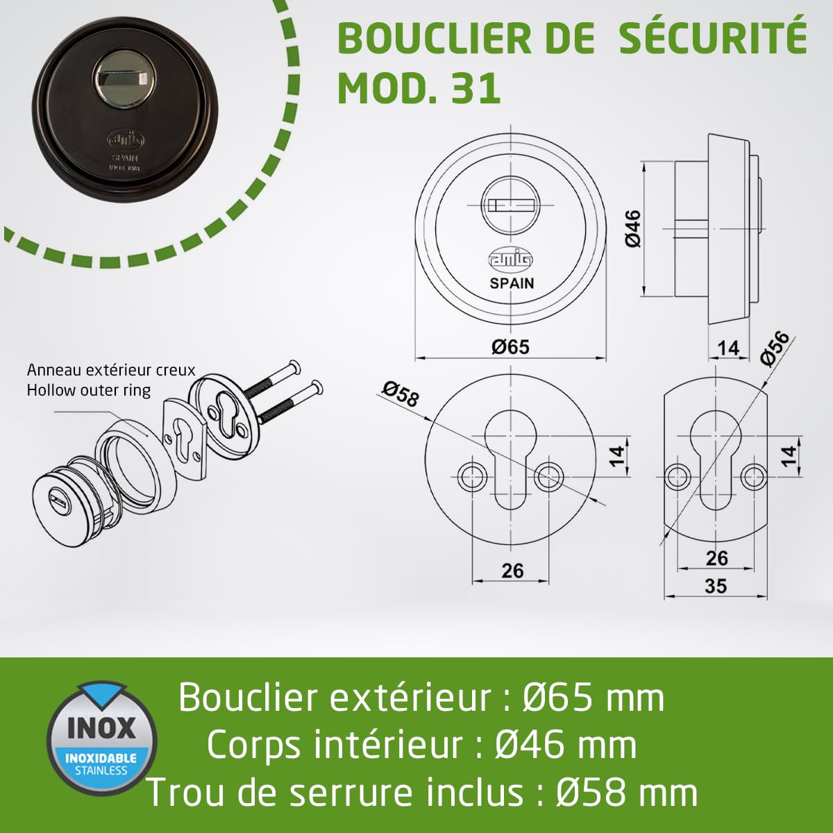 Amig - Protège-cylindre de sécurité Mod. 31 - Acier - Noir - Anneau extérieur creux - Ø65 mm - Avec plaque anti-perçage - Avec vis et support - Pour cylindre Europrofil EN1303 - Corps en acier fritté