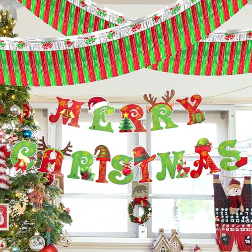 Image of Christmas Decorations 39 ft Foil Fringe Garland Christmas Tinsel Streamers Metallic Hanging Backdrop Banner Table Skirts for Parade Floats Golf Cart Holiday