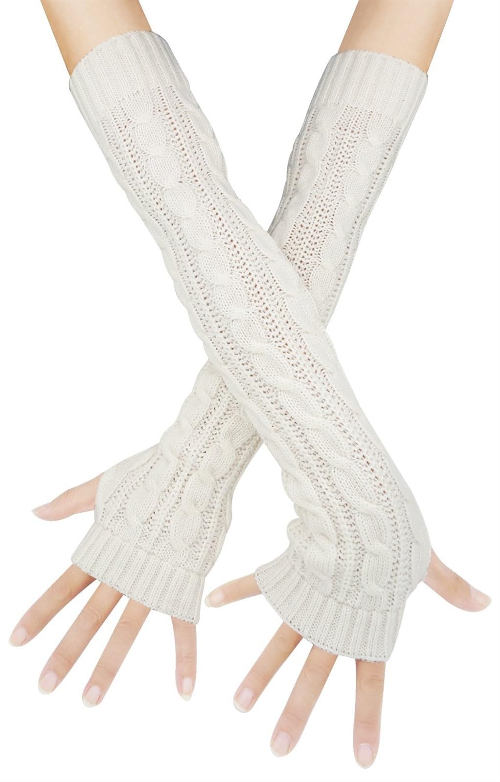 THE WHITE SHOP Womens Winter Warm Over Elbow Long Fingerless Thumb Hole Gloves Mittens Knitted Arm Warmer (Color : White)