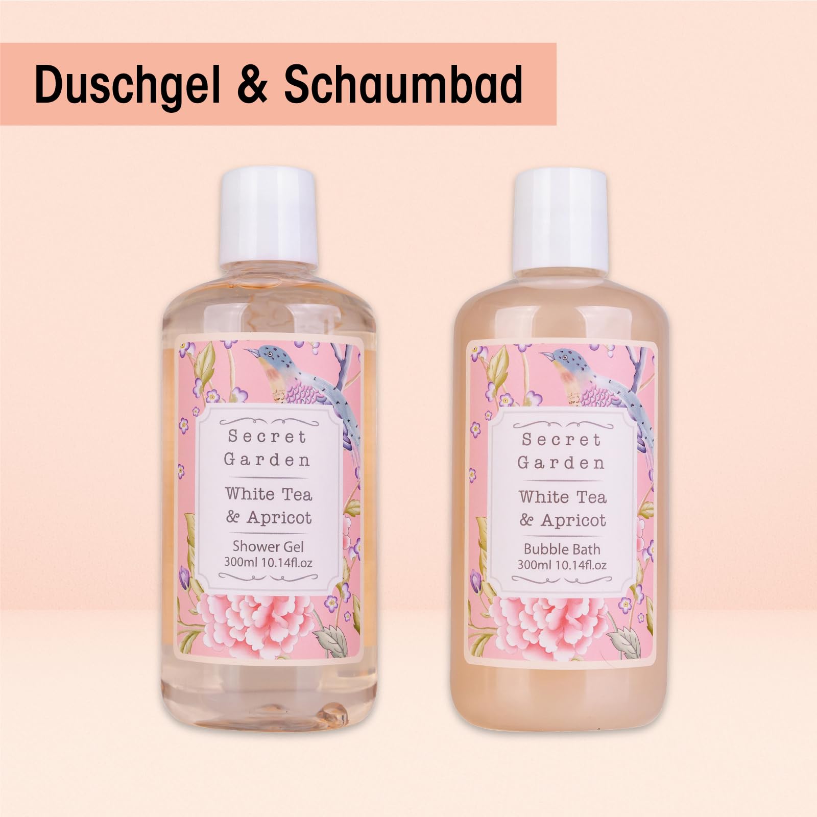 Set regalo Accentra SECRET GARDEN in un cestino da picnic in vimini, contenente gel doccia, bagnoschiuma, sali da bagno, sapone e spugna a rete, set per la cura del benessere da donna