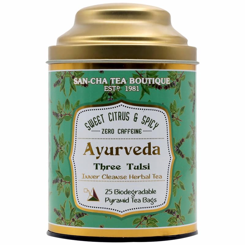 Image of Sancha Tea Boutique Tulsi Tea | Rama, Shyama & Vana Tulsi Blend | 25 Pyramid Tea Bags | Immunity Support | Caffeine-Free Ayurvedic Herbal Infusion