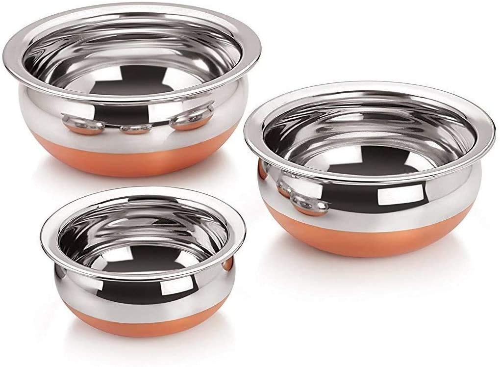 ASP Online Traders Set Of 3 Stainless Steel Handi With Copper Base for Kitchenware Tools Cookware Handi Steel Bowl Serveware Steel Pot Steel Conatiner (20 Oz/33 Oz/45 Oz)