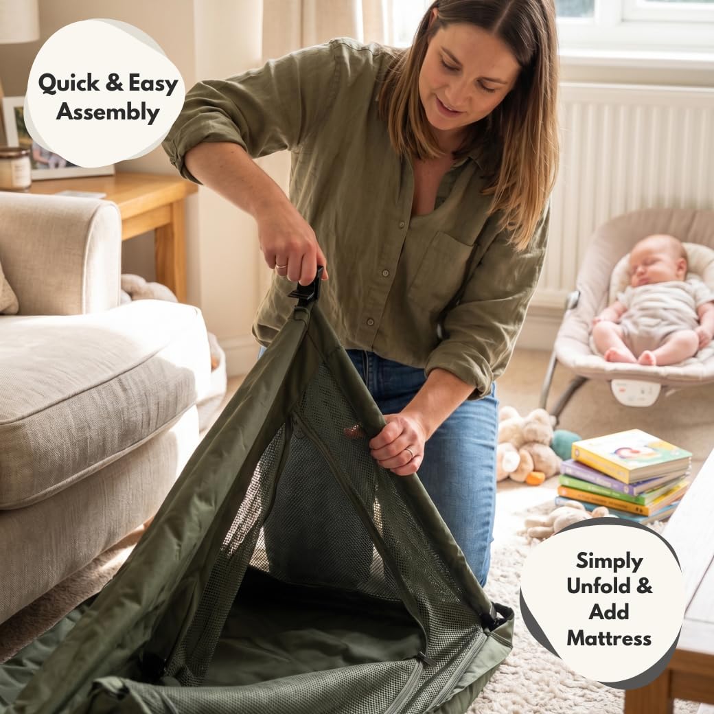 Venture Airpod Lit de voyage léger et pliable avec insert nouveau-né, matelas, sac de rangement et fonction parc - Côtés en maille respirante - Convient aux enfants de 0 à 3 ans - Gris foncé