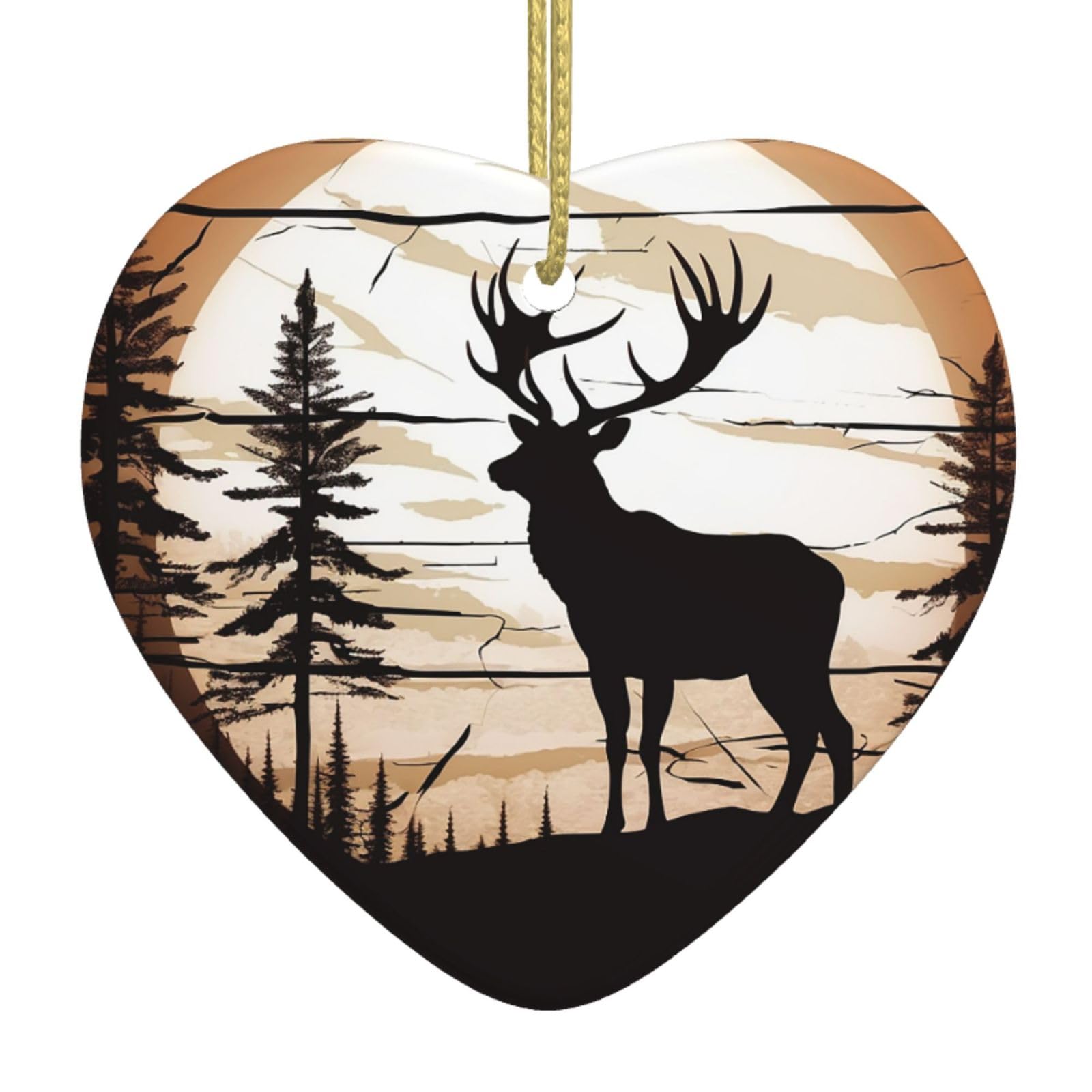 Ceramic Christmas Tree Hanging Ornaments with Gold Ropes Christmas Tree Decorations Heart Ceramic Wild Elk Silhouette Pendant Keepsake Decorations for Holiday Xmas Gift Ideas