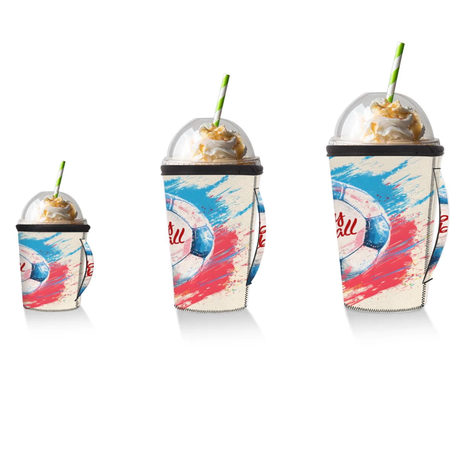 Watercolor Soccer Reusable Neoprene Coffee Sleeve with Handle Insulated Iced Coffee Cup Holder Reduces Condensation Fits 24-28 oz Cups M