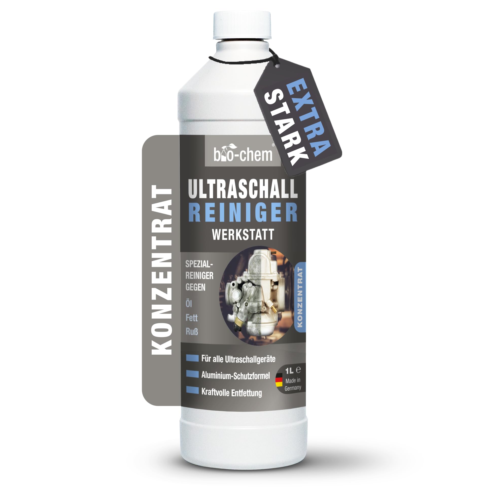 bio-chem Ultraschallreiniger Konzentrat Werkstatt 1 L | Für Vergaser, Metall & Aluminium | Kraftvoll bei Öl, Fett, Ruß & Abrieb | Für alle Ultraschallbäder geeignet