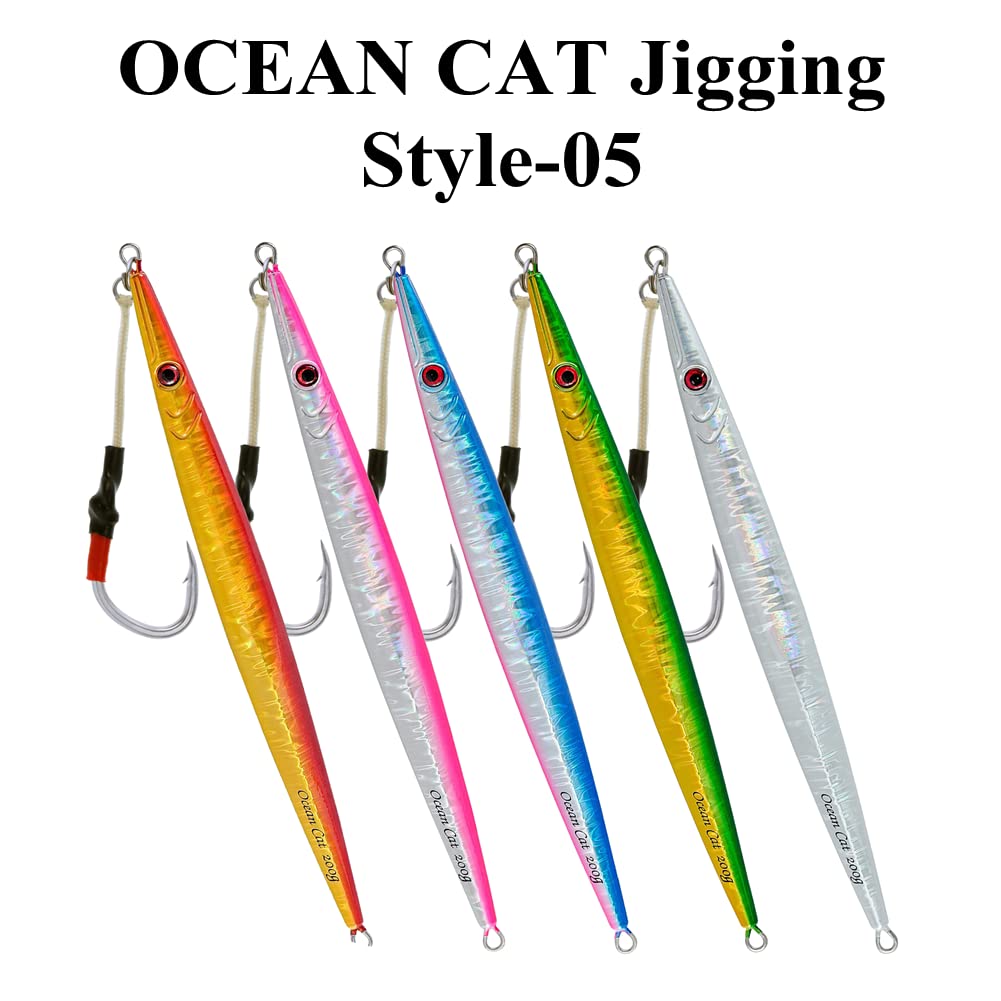OCEAN CAT Slow Pitch Jig Flat Fall Jigging Fishing Lures Vertical Jigs Jigging Baits with Assist Slow Pitch Jig Hook for Saltwater Fishing 60G/100G/150G/200G/250G (200G, Style-5: Silver Color)