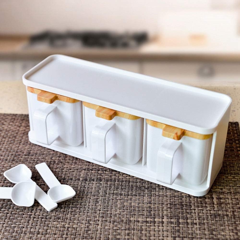 Spice Jar Seasoning Box Plastic Salt and Pepper Kitchen Shelf, Three-compartment Set, White