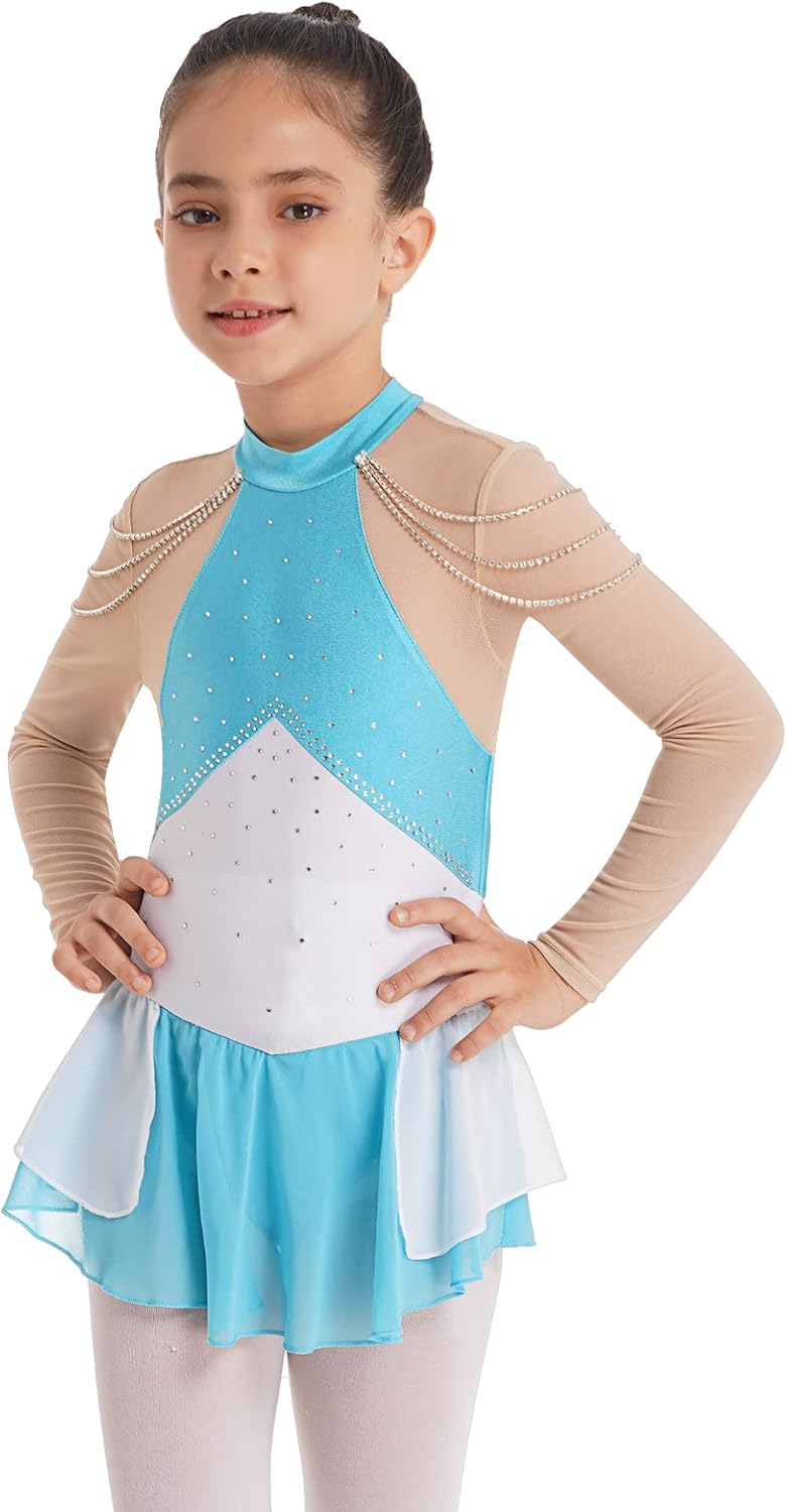 Loyan Kids Girls Ice Figure Skating Dress Long Sleeves Rhinestone Chain Roller Skating Dance Performance Tutu Leotard