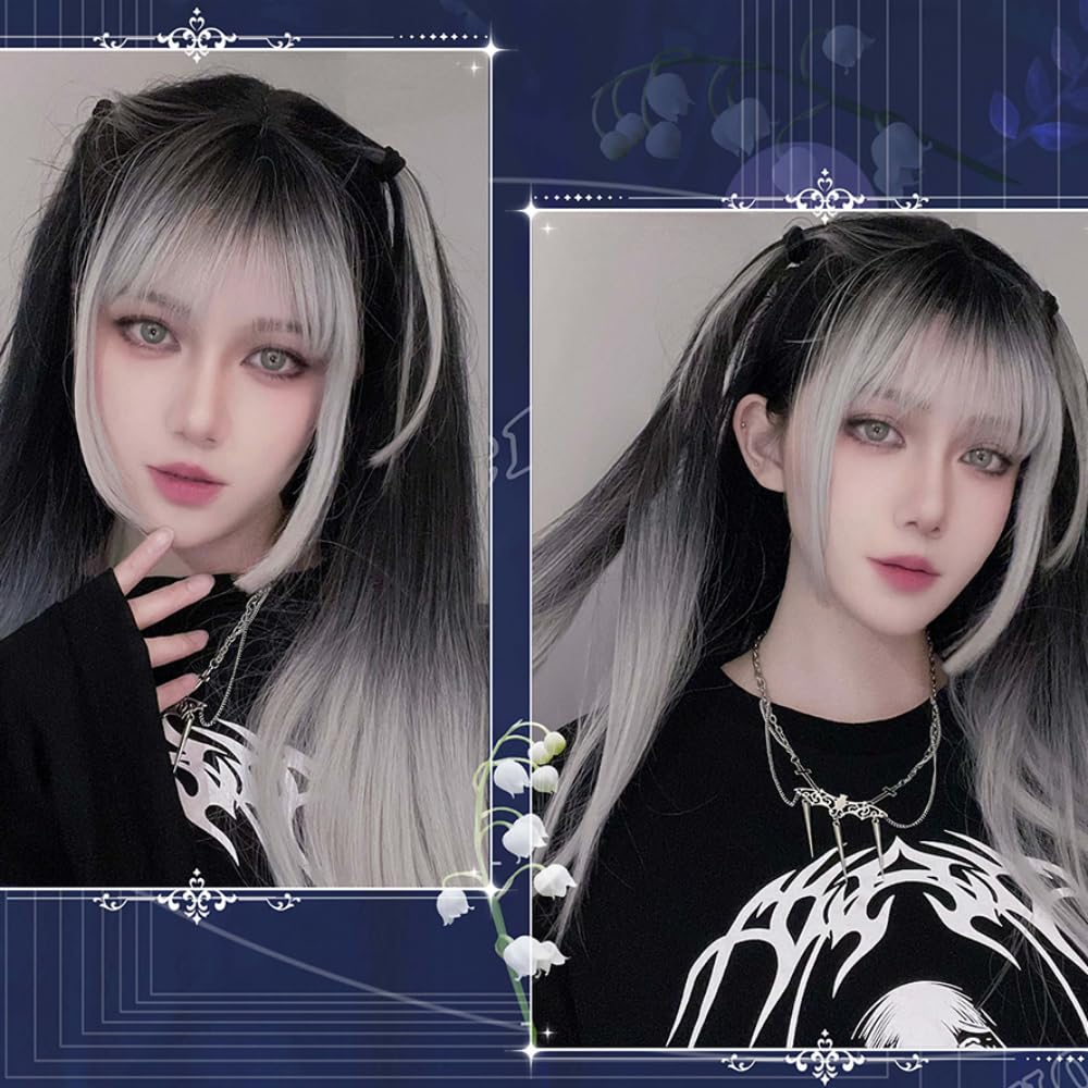 Amazon.com : SCORRO Hime Cut Split Dye Wig Long Straight Wig  display picture 2
