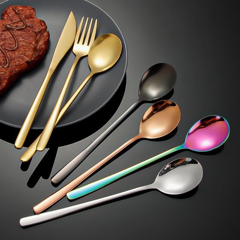 Silverware Flatware Set, 3/12/18/24 Pieces 304 Stainless Steel Spoons, Dessert Spoons, Forks, Coffee Long-handled Stirring Spoons, Home Eating Tableware Set (Color : Rainbow, Size : 4Set-