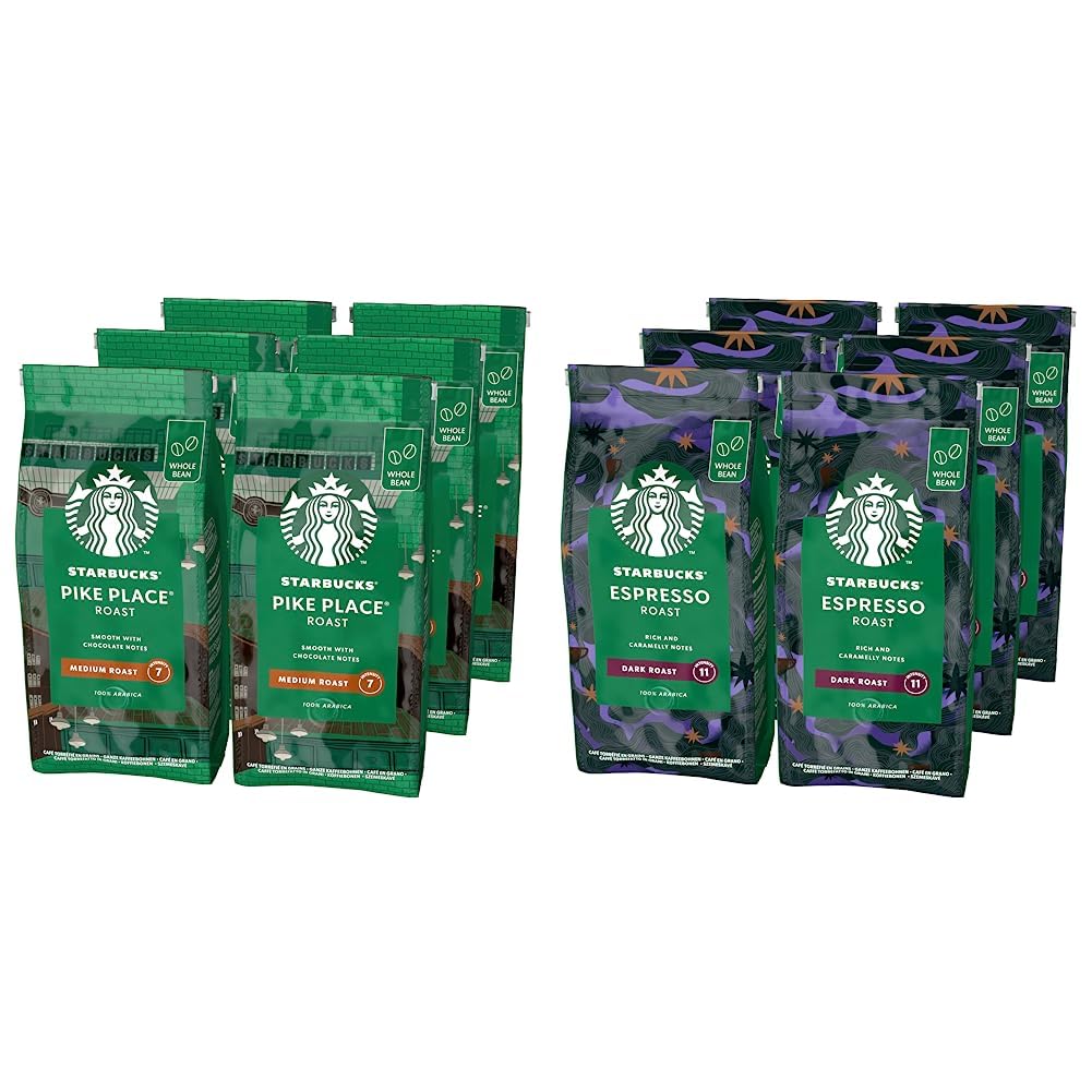 STARBUCKS Pike Place Roast Ganze Kaffeebohnen, Mittlere Röstung (6 x 200g) & Espresso Roast Ganze Kaffeebohnen, Dunkle Röstung (6 x 200g)
