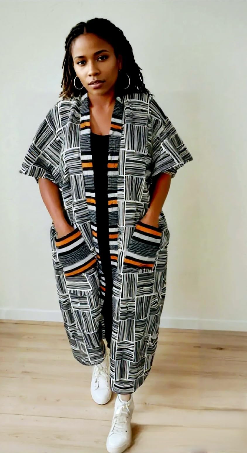 Kimono de plage long pour femme, imprimé géométrique gris avec revers orange, vêtements de plage d'été décontractés
