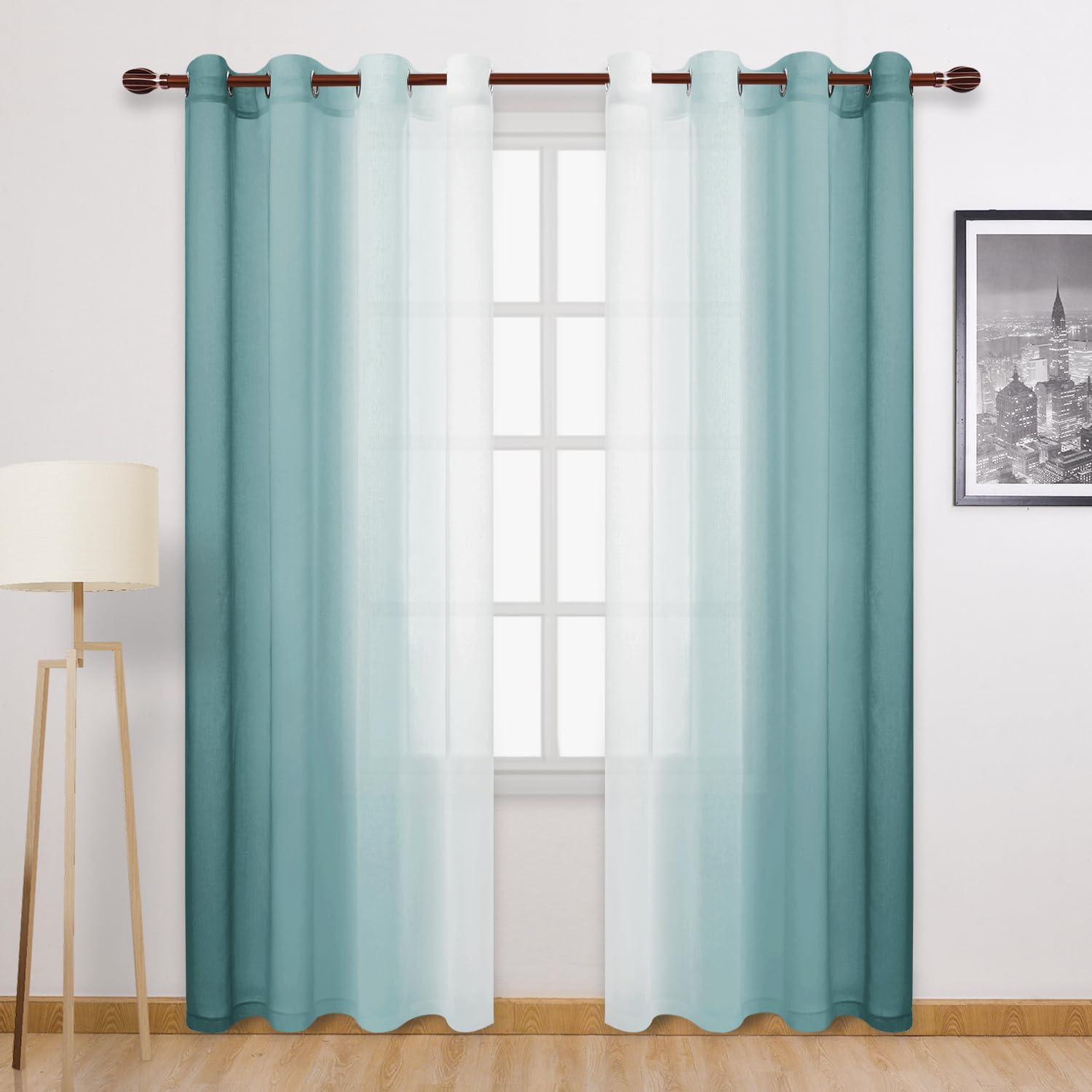 DWCN Faux Linen Ombre Sheer Curtains - 96 inches Long Gradient Semi Voile Curtains for Bedroom and Living Room and Hotel, Set of 2 Grommet Top Window Curtain Panels, 52 x 96 Inches Long, Peacock Blue