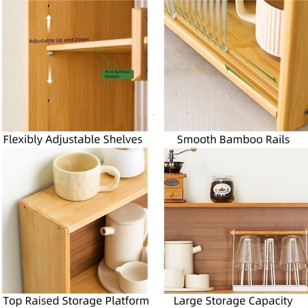 Kleines Bambus Sideboard Küche für Arbeitsplatte, Buffet Schrank Küche Küchenschrank mit Glas Schiebetüren Verstellbaren Ablagen für Gewürzgläser, Küchenutensilien, Tassen, Requisiten