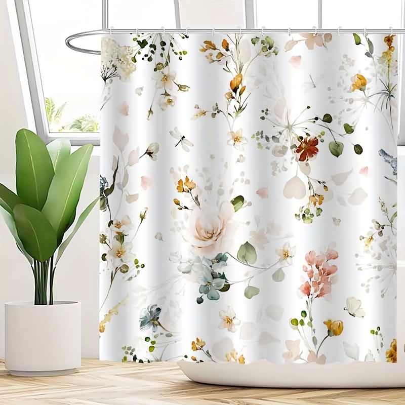Rideau de douche lavable avec crochets et motif floral