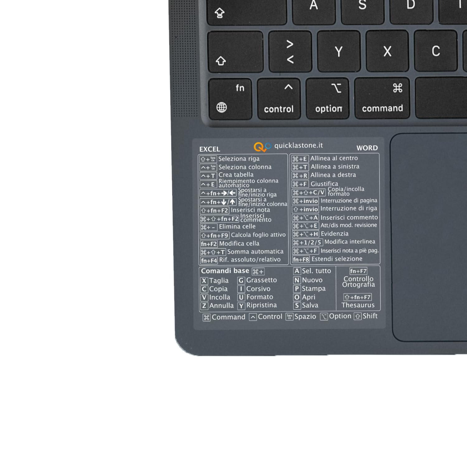 Adesivo per Scorciatoie da Tastiera Word ed Excel per Mac - Shortcut Sticker - Aumenta la tua produttività con le scorciatoie essenziali (Trasparente - Scritte Bianche, 1)