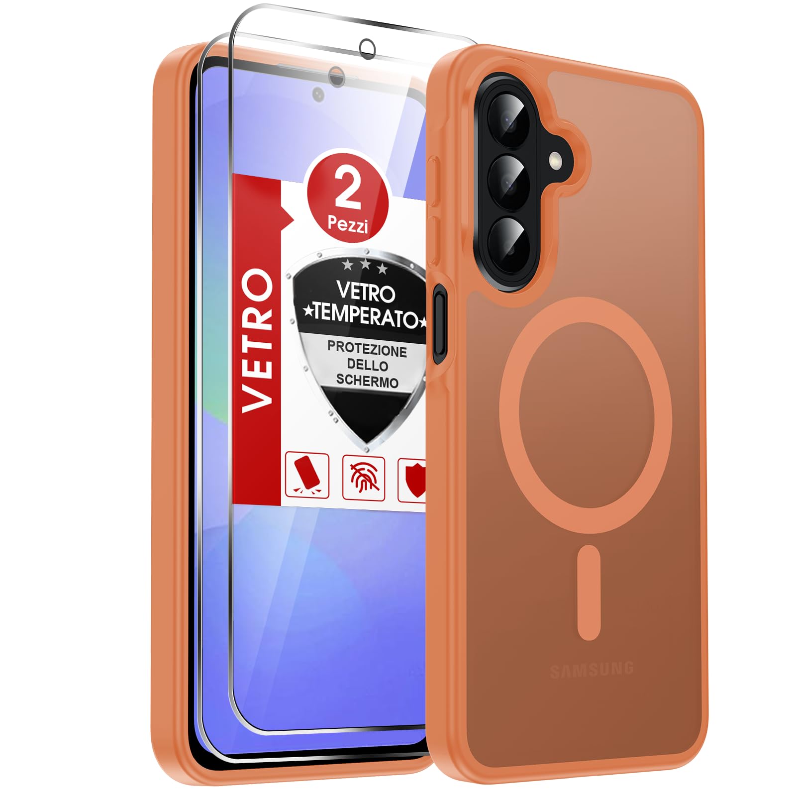 LeYi Cover Magnetica per Samsung A36 5G con 2 Vetro Temperato (Arancione) | Custodia per Samsung Galaxy A 36 Traslucida Opaca Anti-Impronte Resistente Antigraffi TPU Bumper Antiurto Protettiva Case