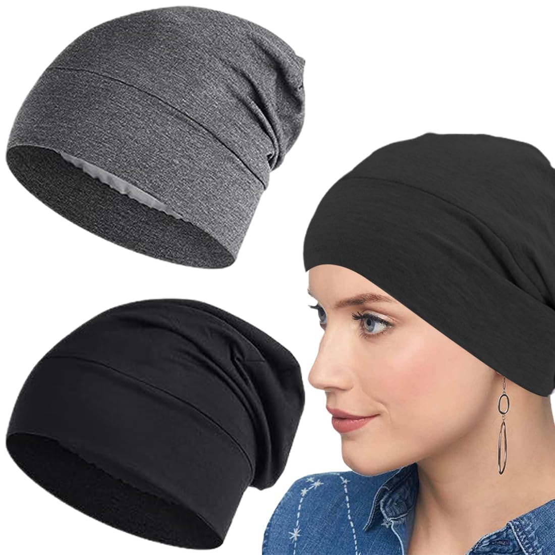 2 Piezas Gorro De Dormir Suave Con Forro De Satén Bandas Para El Pelo Gorro De Turbante Ajustable Gorro Para Cabello Medio Rizado Y Rizado Quimioterapia Mujeres Y Hombres (Gris, Negro)