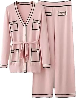 Pantalones de punto para mujer para otoño e invierno, con cordones, cintura media, cuello en V, cárdigan + pantalones de pierna ancha, trajes de 2 piezas