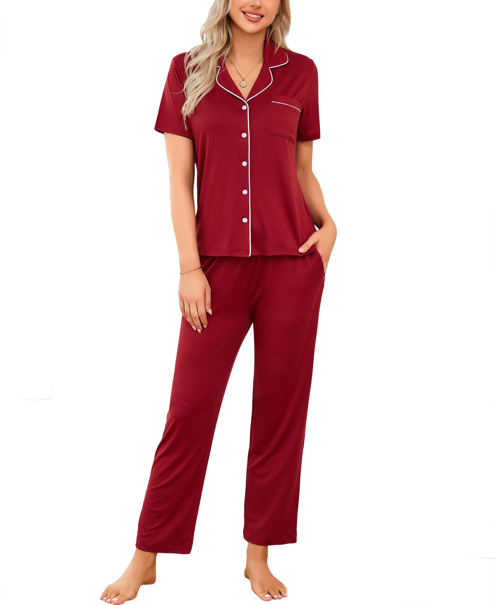 LUSLOVE Schlafanzüge Damen Pyjamas Set - Kurzarm Nachtwäsche Zweiteiliger mit Lang Pyjamahose