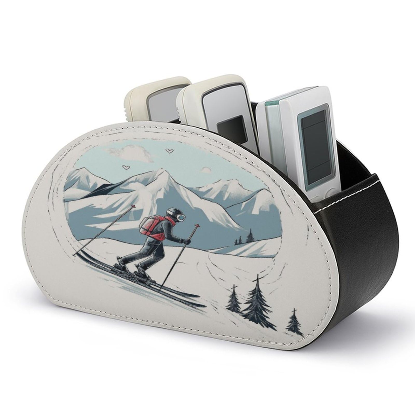 FodPand Skiing Theme Remote Control Holders PU Leather Remote Caddy Desktop Organizer with 5 Compartments TV Remote Holder Box Tray for Bedside Table Office Desk Accessories&Gift