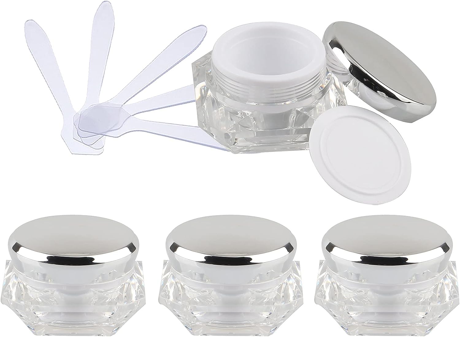 dfEDRd Plastic Cosmetic Jar, Pack of 4, Empty 10 ml Face Cream Lotion Jars Pot with Pink Lids + x Spoon(Silver,10ml)