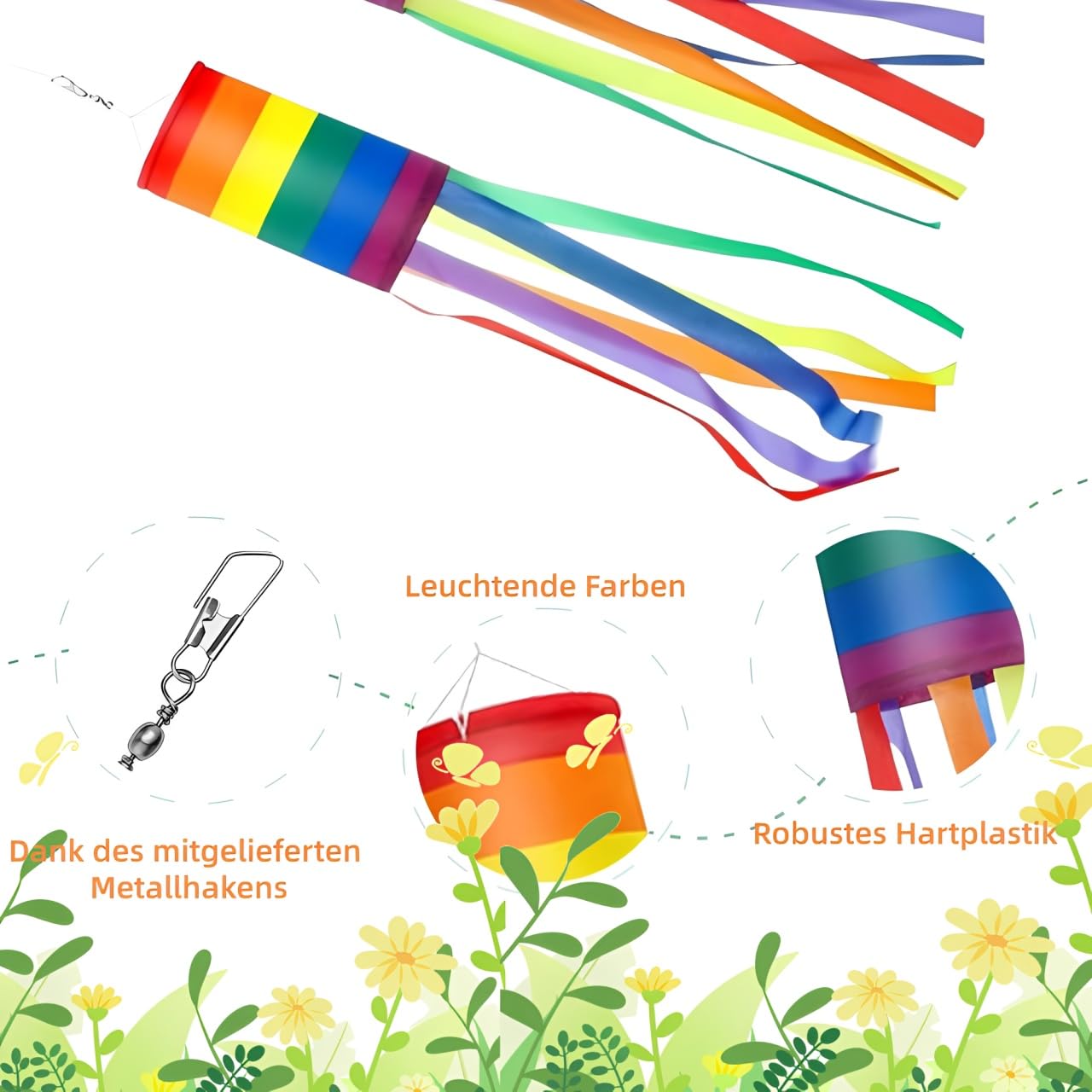 Voarge 2 sacchi a vento arcobaleno per esterni, 100 x 10 cm, antivento e impermeabile, può essere utilizzato come decorazione da giardino, balcone o esterno