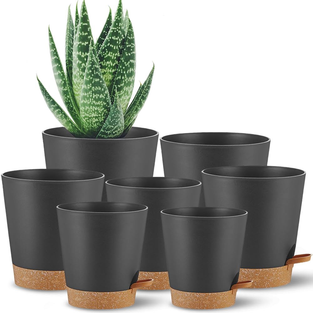 SUN-E Vasi autoinnaffianti 7Confezioni vasi per tutte le piante da interno, vasi per piante da fiore con foro di drenaggio e serbatoio in plastica nera Fioriera per succulente Decorazioni moderne