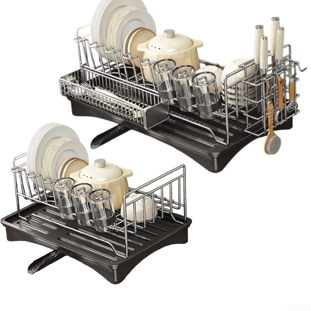Edelstahl-Abtropfgestell mit Utensilienhalter und Abtropfschale, 304 Edelstahl-Abtropfgestell für Spüle, V-förmiger Ablauf-Besteck-Organizer, kompaktes Geschirrtrocknen (A)