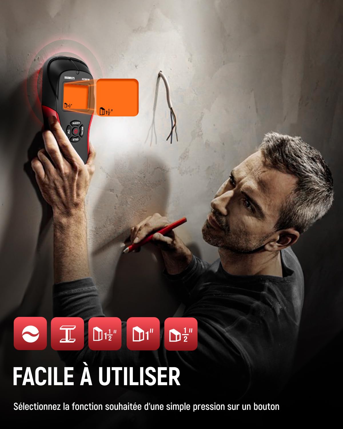 KAIWEETS Détecteur Mural, Détecteur de Construction Multifonction avec Écran HD LCD et Alarme Sonore, Scanner Mural pour Testeur de Bois, Métaux, Fil CA (Noir + Rouge)