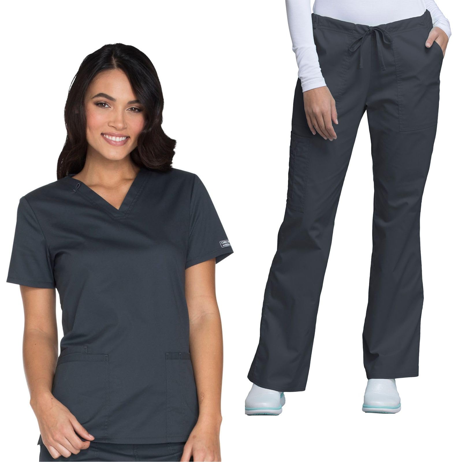 Cherokee Women's Scrub Set 3 Pockets V-Neck Top WW630 With 4 Pocket Mid Rise Drawstring Cargo Pant 4044