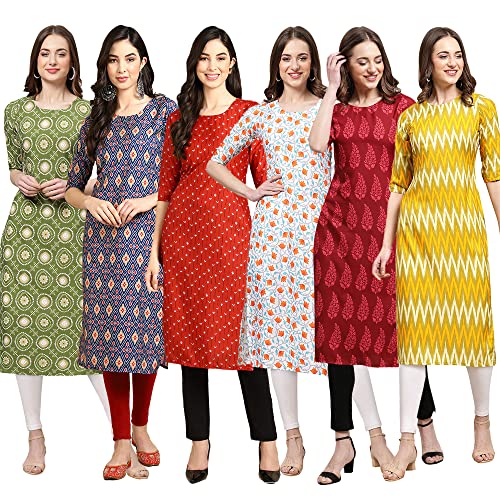 Image of Pinkmint Women's Crepe Digital Print Straight Kurta Pack of 6 [CR-336-370-344-343-328-366]