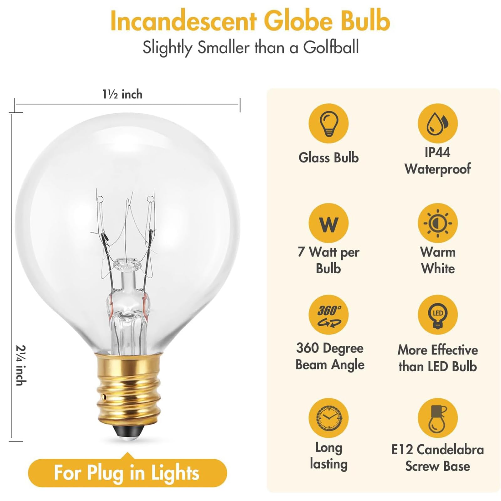 G40 Bombilla Casquillo E12, 25 Piezas 7W Bombillas de Globo Repuesto G40, IP44 Impermeable Blanco Cálido Lámpara de Filamento no Regulable para Luces de Cadena Fiesta en Casa