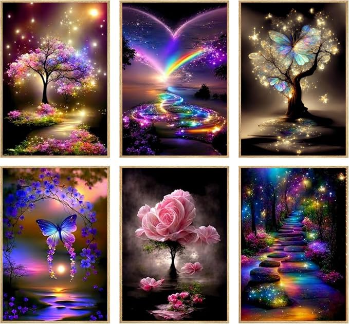6 Pack Diamond Art Kits for Adults - Butterfly Flower Diamond Painting - Landscape 5D DIY Full Drill Round Gem Painting Dot Art Sets for Home Wall Decor 8×12 Inch