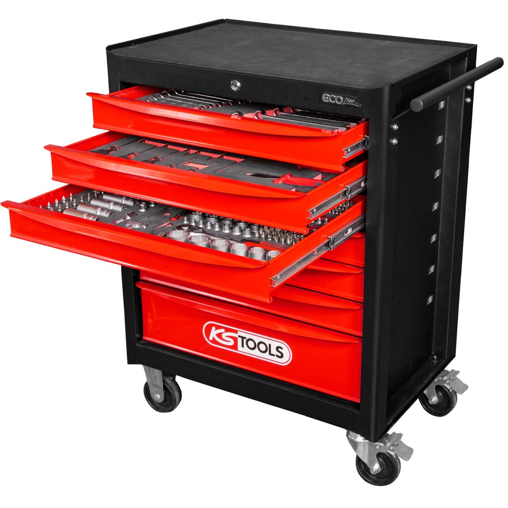 KS TOOLS Noir/​Rouge Servante d'atelier Ecoline 7 tiroirs, équipée de 215 Outils, Acier allié, 748 x 1014 x 459 mm
