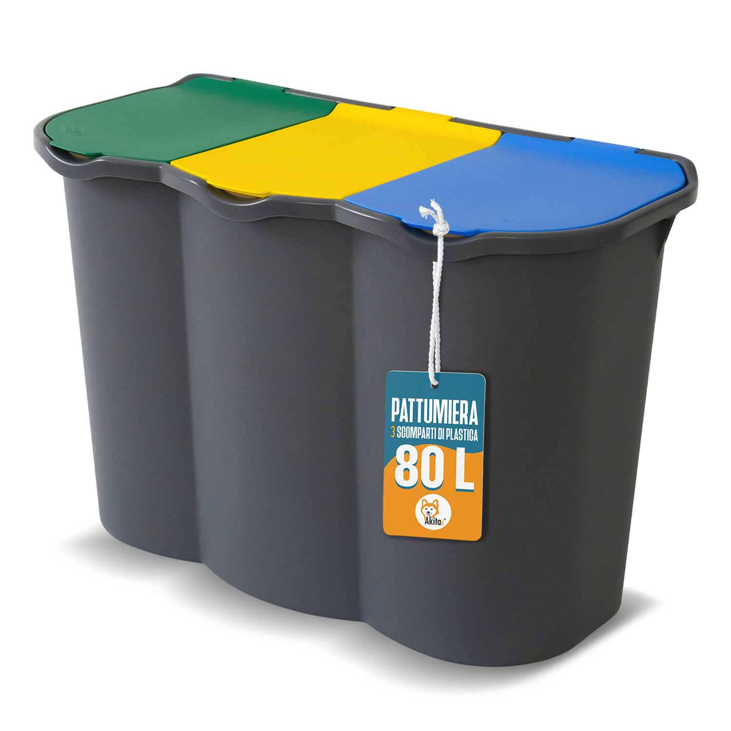 AKITAInk - Pattumiera per Raccolta Differenziata a 3 Scomparti, 80L AkitaOne - Bidone con Coperchi Colorati e Chiusura Ermetica per una Raccolta Intelligente e Igienica - Prodotto in Italia