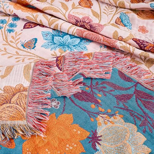 Image of VANJOROY Boho Throw Blanket, 100% Organic Cotton Breathable Ultra Soft 80 inch x 90 inch Bed Quilt Throw - All Season Floral Rustic Farmhouse Decor Luxury Reversible Blanket for Sofa Couch Chair and Gift