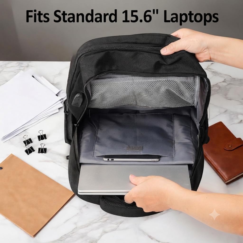 Laptop Backpack, Water Repellent Business Travel Backpack with USB Charging Port, Fits Up to 15.6 Inch Notebook Computer Bag, Casual Daypack for Men Women Commuting Work,Black image 5