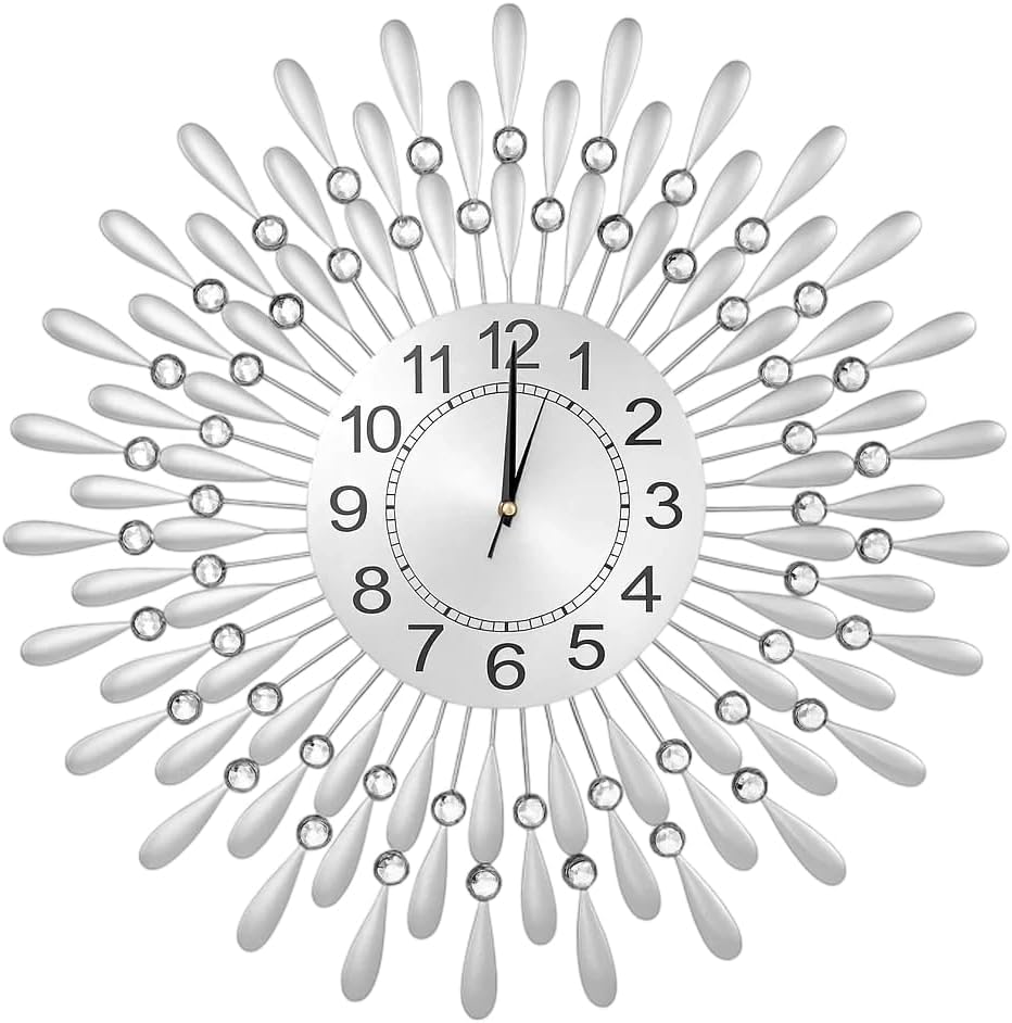 FERNVALE Modern Sunflower Wall Clock 60cm - Large Retro Metal Wall Clock with Flash Diamond Spiked Beaded Design, Silent Battery Powered, for Living Room (Silver, 60cm)