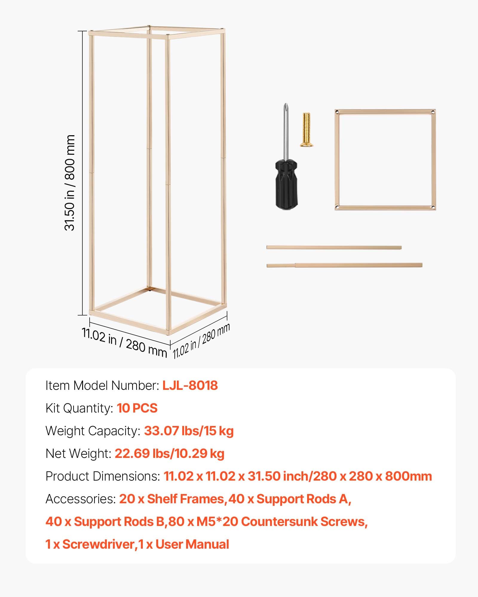 VEVOR Supporto per Fiori da Matrimonio 10 Pezzi da 80 cm, Supporto per Fiori con Vite Nascosta, Espositore Floreale Cubico Rettangolare per Matrimoni, Feste, Compleanni, Casa, Oro Francese