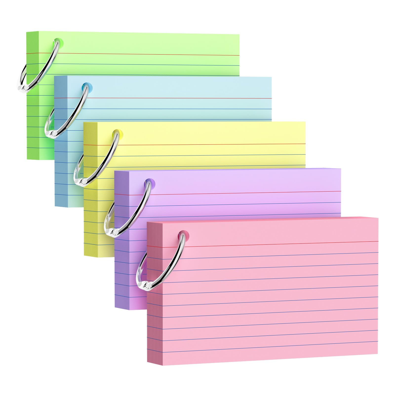 250 Count Index Cards 3x5 Inch with Key Ring, 180gsm Heavy Weight Colored Flash Cards 5 Color Assortment (50 Sheets Each) Note Taking for Students, Study Note Cards for Office School Supplies