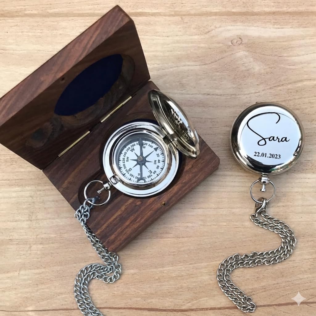 Personalized Silver Brass Compass Chain with Wood Box Engraved Keepsake Gift-image-25