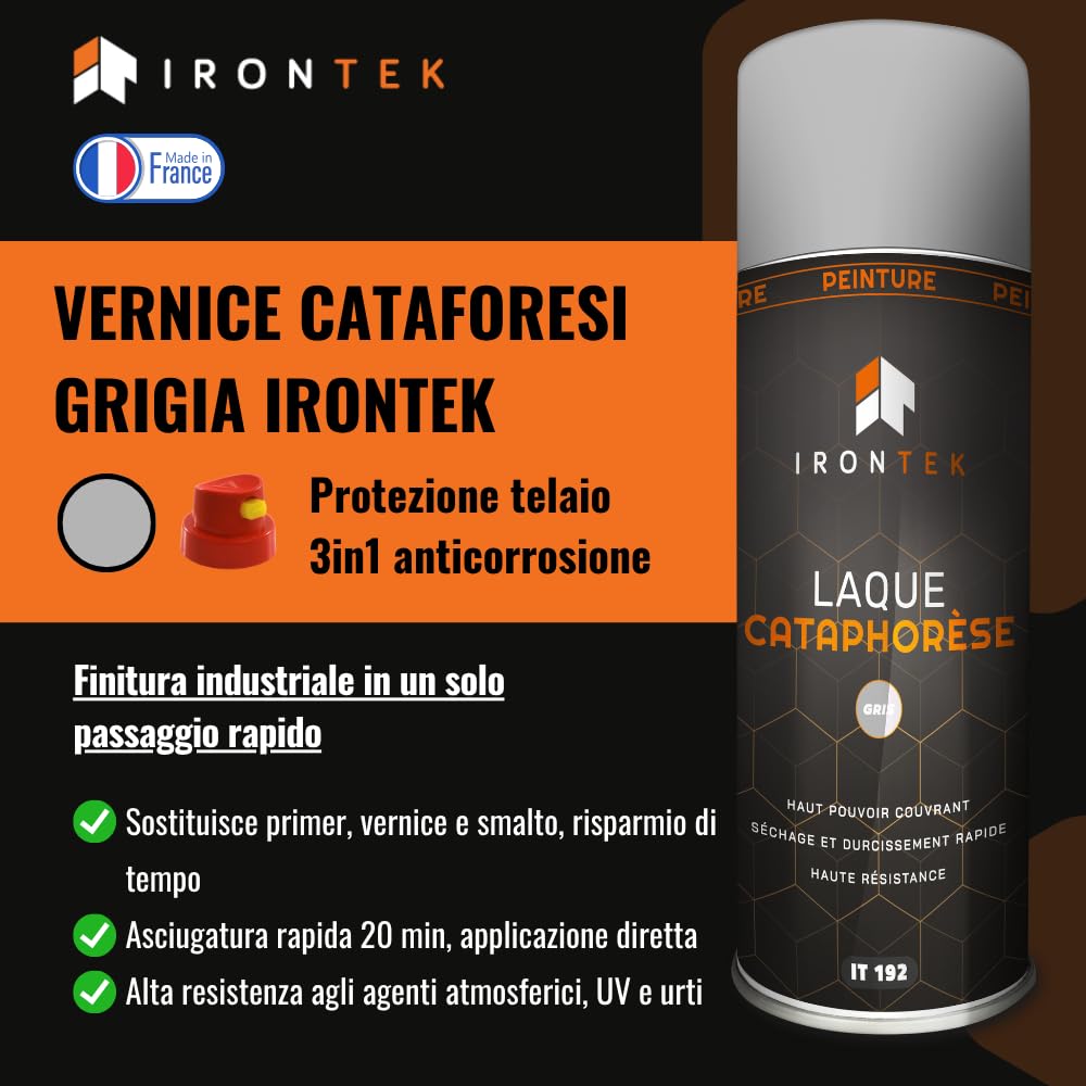 Vernice Spray Antiruggine Telaio - IRONTEK - 400 ml | IT192 | Grigio Cataforesi | 3 in 1 Primer Fondo | Asciugatura Rapida 20 min